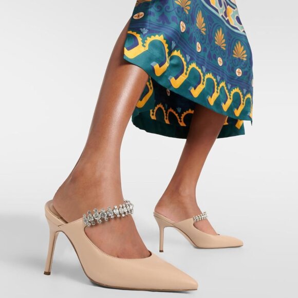 Women's Heeled Mules Rhinestone Strappy Pointed Toe Mules Stiletto High Heels - Picture 2 of 8